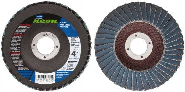 Norton - 80 Grit, 4-1/2" Disc Diam, 7/8" Center Hole, Type 29 Ceramic Alumina Flap Disc - 13,300 Max RPM, Polyester Backing, Arbor Attaching System, Coated - Eagle Tool & Supply