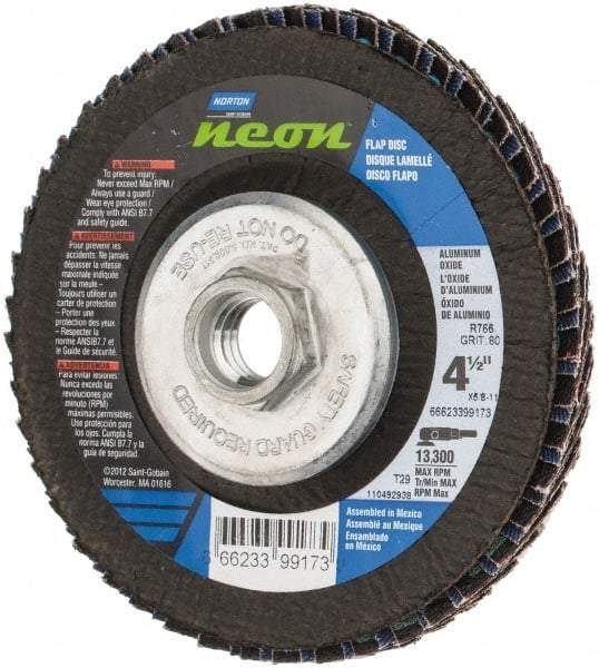 Norton - 80 Grit, 4-1/2" Disc Diam, 5/8-11 Center Hole, Type 29 Ceramic Alumina Flap Disc - 13,300 Max RPM, Polyester Backing, Arbor Attaching System, Coated - Eagle Tool & Supply