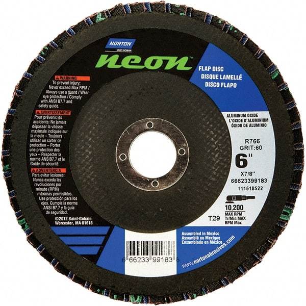 Norton - 40 Grit, 6" Disc Diam, 7/8" Center Hole, Type 29 Ceramic Alumina Flap Disc - 10,200 Max RPM, Polyester Backing, Arbor Attaching System, Coated - Eagle Tool & Supply