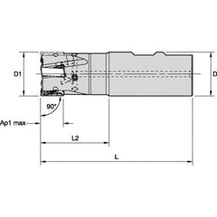 Kennametal - 40mm Cut Diam, 15.5mm Max Depth of Cut, 32mm Shank Diam, 111mm OAL, Indexable Square Shoulder End Mill - LNGU15T608SRGE Inserts, Weldon Shank, 0° Lead Angle, Through Coolant, Series MILL 4-15 - Eagle Tool & Supply