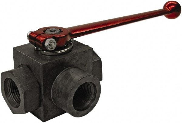 HYDAC - 1/4" Pipe, Full Port, Carbon Steel Full Port Ball Valve - Three Way, SAE Ends, Straight Handle, 7,250 WOG - Eagle Tool & Supply