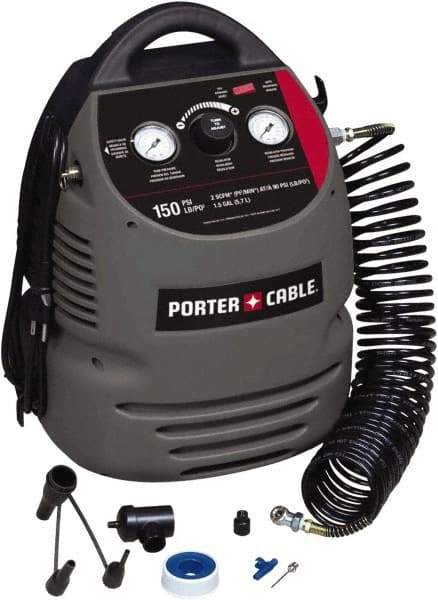 Porter-Cable - 0.8 hp, 2 CFM at 90 psi Hand Carry Compressor - 1.5 Gallon Tank, 10 Amp, 150 Max psi, 120V - Eagle Tool & Supply