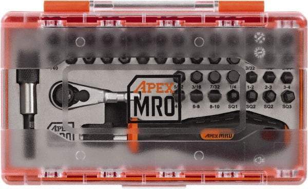 Apex - 45 Piece, 1/4" Drive Screwdriver Mini-Ratchet Bit Kit - PH1, PH2, PH3 & PH4 Phillips, 3/32 to 1/4" Hex, 2 to 6mm Hex, T15, T20, T25, T27, T30 & T40 Torx, PZ1 & PZ2 Pozidriv, SQ1, SQ2 & SQ3 Square Recess, #0 to 1/4 Slotted - Eagle Tool & Supply