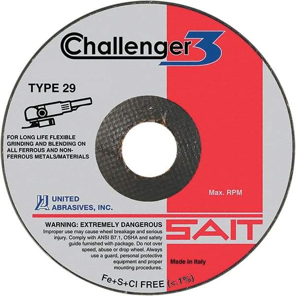 Sait - 4-1/2" Wheel Diam, 1/8" Wheel Thickness, 7/8" Arbor Hole, Type 29 Depressed Center Wheel - Coarse Grade, Aluminum Oxide/Silicon Carbide Blend, 13,280 Max RPM - Eagle Tool & Supply