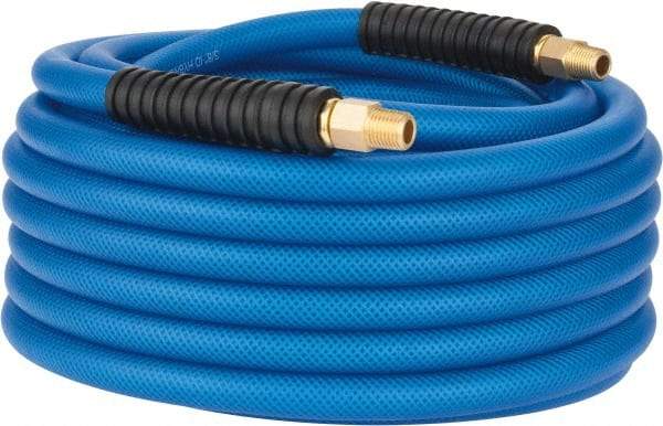 PRO-SOURCE - 3/8" ID x 0.6102" OD 50' Long Multipurpose Air Hose - MNPT(Swivel) x MNPT(Swivel) Ends, 300 Working psi, -40 to 176°F, 1/4" Fitting, Transparent Blue - Eagle Tool & Supply