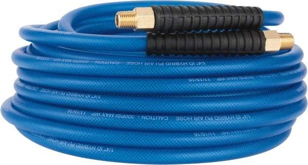 PRO-SOURCE - 1/4" ID x 0.4331" OD 50' Long Multipurpose Air Hose - MNPT(Swivel) x MNPT(Swivel) Ends, 300 Working psi, -40 to 176°F, 1/4" Fitting, Transparent Blue - Eagle Tool & Supply