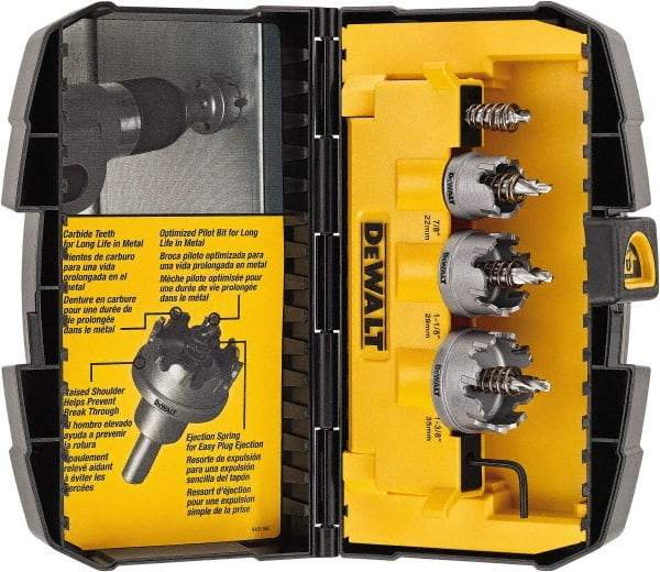 DeWALT - 5 Piece, 7/8" to 1-3/8" Saw Diam, Hole Saw Kit - Carbide-Tipped, Toothed Edge, Includes 3 Hole Saws - Eagle Tool & Supply