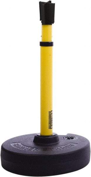 Banner Stakes - 22 to 42" High, 2-3/8" Pole Diam, Barrier Post Base, Stanchion & Receiver Head - 9" Base Diam, Round Nylon Base, Yellow Plastic Post, 15' x 2-1/2" Tape, For Outdoor Use - Eagle Tool & Supply