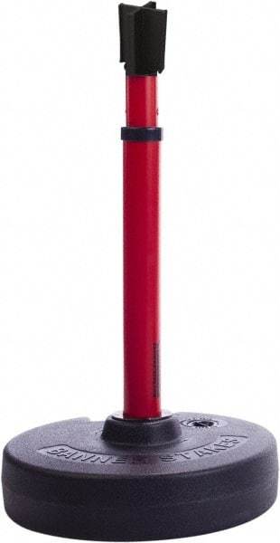Banner Stakes - 22 to 42" High, 2-3/8" Pole Diam, Barrier Post Base, Stanchion & Receiver Head - 9" Base Diam, Round Nylon Base, Red Plastic Post, 15' x 2-1/2" Tape, For Outdoor Use - Eagle Tool & Supply