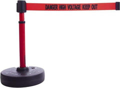 Banner Stakes - 22 to 42" High, 2-3/8" Pole Diam, Barrier Post Base & Stanchion - 9" Base Diam, Round Nylon Base, Red Plastic Post, 15' x 2-1/2" Tape, For Outdoor Use - Eagle Tool & Supply