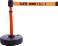 Banner Stakes - 22 to 42" High, 2-3/8" Pole Diam, Barrier Post Base & Stanchion - 9" Base Diam, Round Nylon Base, Orange Plastic Post, 15' x 2-1/2" Tape, For Outdoor Use - Eagle Tool & Supply