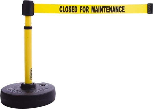Banner Stakes - 22 to 42" High, 2-3/8" Pole Diam, Barrier Post Base & Stanchion - 9" Base Diam, Round Nylon Base, Yellow Plastic Post, 15' x 2-1/2" Tape, For Outdoor Use - Eagle Tool & Supply