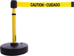 Banner Stakes - 22 to 42" High, 2-3/8" Pole Diam, Barrier Post Base & Stanchion - 9" Base Diam, Round Nylon Base, Yellow Plastic Post, 15' x 2-1/2" Tape, For Outdoor Use - Eagle Tool & Supply
