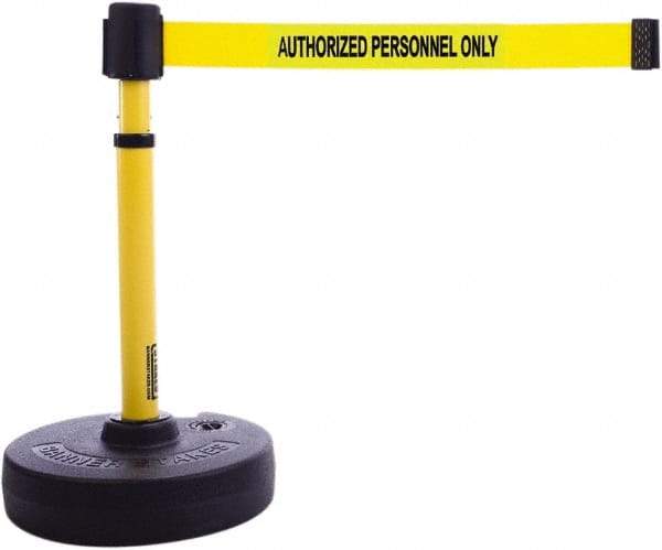 Banner Stakes - 22 to 42" High, 2-3/8" Pole Diam, Barrier Post Base & Stanchion - 9" Base Diam, Round Nylon Base, Yellow Plastic Post, 15' x 2-1/2" Tape, For Outdoor Use - Eagle Tool & Supply