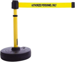 Banner Stakes - 22 to 42" High, 2-3/8" Pole Diam, Barrier Post Base & Stanchion - 9" Base Diam, Round Nylon Base, Yellow Plastic Post, 15' x 2-1/2" Tape, For Outdoor Use - Eagle Tool & Supply