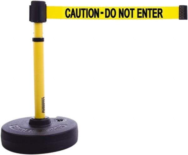 Banner Stakes - 22 to 42" High, 2-3/8" Pole Diam, Barrier Post Base & Stanchion - 9" Base Diam, Round Nylon Base, Yellow Plastic Post, 15' x 2-1/2" Tape, For Outdoor Use - Eagle Tool & Supply