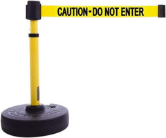 Banner Stakes - 22 to 42" High, 2-3/8" Pole Diam, Barrier Post Base & Stanchion - 9" Base Diam, Round Nylon Base, Yellow Plastic Post, 15' x 2-1/2" Tape, For Outdoor Use - Eagle Tool & Supply