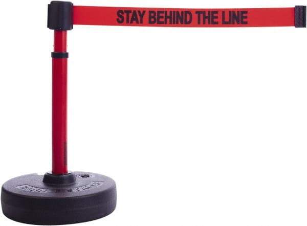 Banner Stakes - 22 to 42" High, 2-3/8" Pole Diam, Barrier Post Base & Stanchion - 9" Base Diam, Round Nylon Base, Red Plastic Post, 15' x 2-1/2" Tape, For Outdoor Use - Eagle Tool & Supply