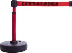 Banner Stakes - 22 to 42" High, 2-3/8" Pole Diam, Barrier Post Base & Stanchion - 9" Base Diam, Round Nylon Base, Red Plastic Post, 15' x 2-1/2" Tape, For Outdoor Use - Eagle Tool & Supply