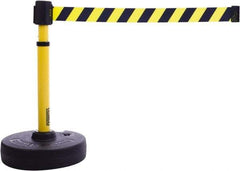 Banner Stakes - 22 to 42" High, 2-3/8" Pole Diam, Barrier Post Base & Stanchion - 9" Base Diam, Round Nylon Base, Yellow Plastic Post, 15' x 2-1/2" Tape, For Outdoor Use - Eagle Tool & Supply