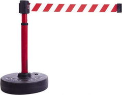 Banner Stakes - 22 to 42" High, 2-3/8" Pole Diam, Barrier Post Base & Stanchion - 9" Base Diam, Round Nylon Base, Red Plastic Post, 15' x 2-1/2" Tape, For Outdoor Use - Eagle Tool & Supply