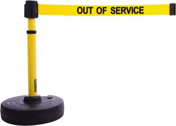 Banner Stakes - 22 to 42" High, 2-3/8" Pole Diam, Barrier Post Base & Stanchion - 9" Base Diam, Round Nylon Base, Yellow Plastic Post, 15' x 2-1/2" Tape, For Outdoor Use - Eagle Tool & Supply