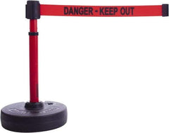 Banner Stakes - 22 to 42" High, 2-3/8" Pole Diam, Barrier Post Base & Stanchion - 9" Base Diam, Round Nylon Base, Red Plastic Post, 15' x 2-1/2" Tape, For Outdoor Use - Eagle Tool & Supply
