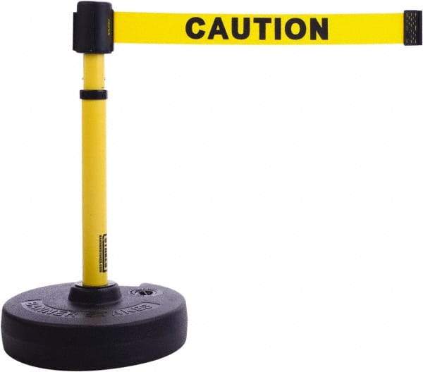 Banner Stakes - 22 to 42" High, 2-3/8" Pole Diam, Barrier Post Base & Stanchion - 9" Base Diam, Round Nylon Base, Yellow Plastic Post, 15' x 2-1/2" Tape, For Outdoor Use - Eagle Tool & Supply
