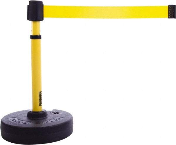 Banner Stakes - 22 to 42" High, 2-3/8" Pole Diam, Barrier Post Base & Stanchion - 9" Base Diam, Round Nylon Base, Yellow Plastic Post, 15' x 2-1/2" Tape, For Outdoor Use - Eagle Tool & Supply
