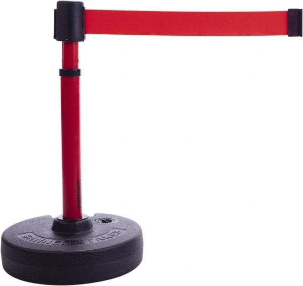 Banner Stakes - 22 to 42" High, 2-3/8" Pole Diam, Barrier Post Base & Stanchion - 9" Base Diam, Round Nylon Base, Red Plastic Post, 15' x 2-1/2" Tape, For Outdoor Use - Eagle Tool & Supply