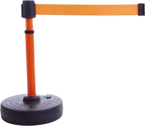 Banner Stakes - 22 to 42" High, 2-3/8" Pole Diam, Barrier Post Base & Stanchion - 9" Base Diam, Round Nylon Base, Orange Plastic Post, 15' x 2-1/2" Tape, For Outdoor Use - Eagle Tool & Supply