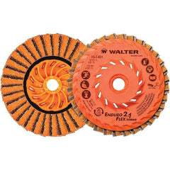 WALTER Surface Technologies - 4-1/2" Disc Diam, 5/8-11 Center Hole, Type 27 Ceramic Flap Disc - 13,300 Max RPM, Plastic Backing, Arbor Attaching System, Non-Woven - Eagle Tool & Supply