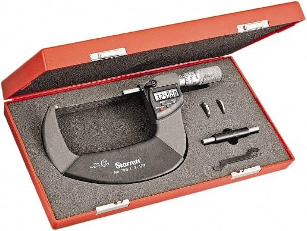 Starrett - 3 to 4" Range, Standard Throat IP67 Electronic Outside Micrometer - Friction Thimble, Carbide Face, CR2032 Battery - Eagle Tool & Supply