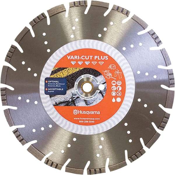 Husqvarna - 14" Diam, 25/32 & 1" Arbor Hole Diam, Continuous Edge Tooth Wet & Dry Cut Saw Blade - Diamond-Tipped, General Purpose Action, Standard Round Arbor - Eagle Tool & Supply