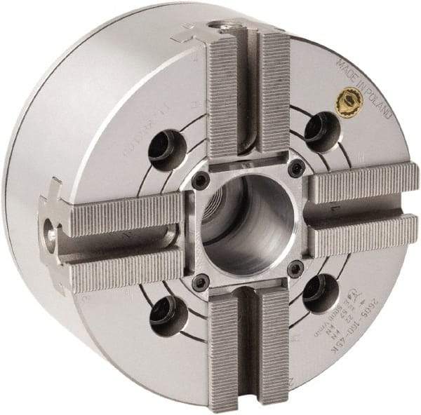 Bison - 4 Jaw, 6.65" Chuck Diam, Plain Back Mount, 45mm Through Hole Diam, Drawtube Hydraulic Power Lathe Chuck - 1.5mm x 60° Serrated Jaw Interface, 0.5905 to 6.7716" Jaw Capacity, 5,000 RPM, High Speed Steel Body - Eagle Tool & Supply