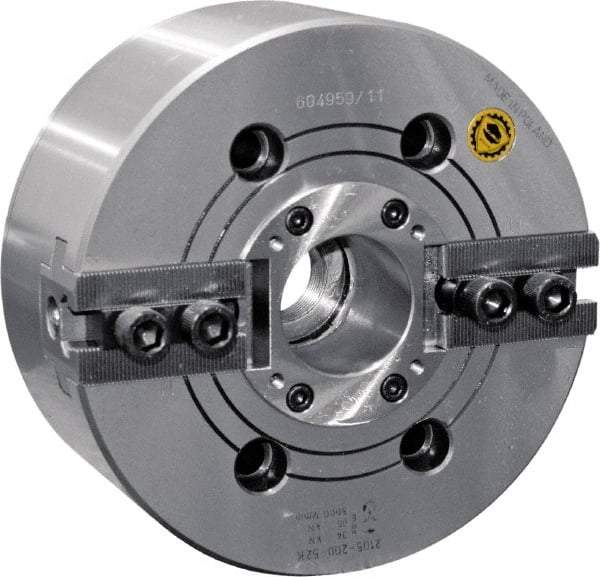 Bison - 2 Jaw, 6.65" Chuck Diam, Plain Back Mount, 45mm Through Hole Diam, Drawtube Hydraulic Power Lathe Chuck - 1.5mm x 60° Serrated Jaw Interface, 0.5905 to 6.7716" Jaw Capacity, 6,000 RPM, High Speed Steel Body - Eagle Tool & Supply