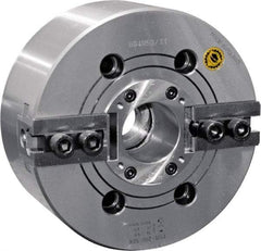 Bison - 2 Jaw, 12.4" Chuck Diam, Plain Back Mount, 91mm Through Hole Diam, Drawtube Hydraulic Power Lathe Chuck - 1.5mm x 60° Serrated Jaw Interface, 1.5748 to 11.9291" Jaw Capacity, 3,300 RPM, High Speed Steel Body - Eagle Tool & Supply