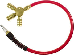 PRO-SOURCE - 3/8" ID 5' Long Lead-In Whip Hose - Manifold with (3) 6-Ball Automotive Couplers Ends, 200 Working psi, 165°, 1/4" Fitting, Transparent Red - Eagle Tool & Supply