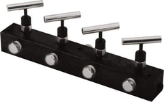 Value Collection - 3/8" Inlet, 3/8" Outlet Manifold with Four Needle Valves - 12" Long x 1.62" Wide x 4.13" High, 0.28" Mount Hole, 212°F Max, 10,000 Max PSI, 4 Inlet Ports, 4 Outlet Ports - Eagle Tool & Supply