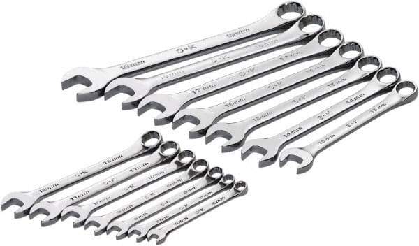 SK - 14 Piece, 6mm to 19mm, 12 Point Combination Wrench Set - Metric Measurement Standard, Full Polish Chrome Finish, Comes in Roll-Up Pouch - Eagle Tool & Supply
