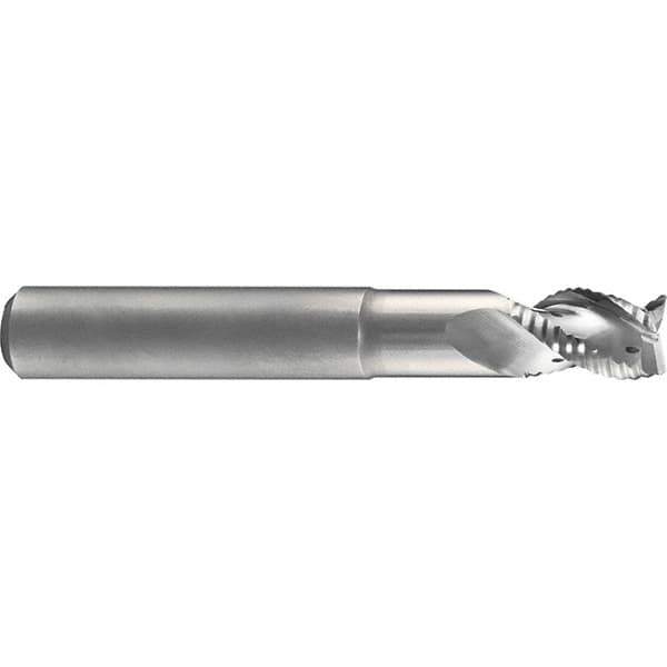 Emuge - 5/8" Diam, Coarse Pitch, 3/4" LOC, 3 Flute Solid Carbide 45° Corner Chamfer Roughing End Mill - Bright Finish, 3-3/4" OAL, 5/8" Shank Diam, Single End, Extended Reach, 40° Helix - Eagle Tool & Supply