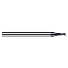 End Mills for Hardened Steels - Finishers - 0.0150″ (1/64″) Cutter Diameter × 0.0020″ Radius × 0.0120″ Length of Cut × 0.2300″ Reach Carbide Corner Radius End Mill for Hard Milling, 2 Flutes, AlTiN Nano Coated - Exact Industrial Supply