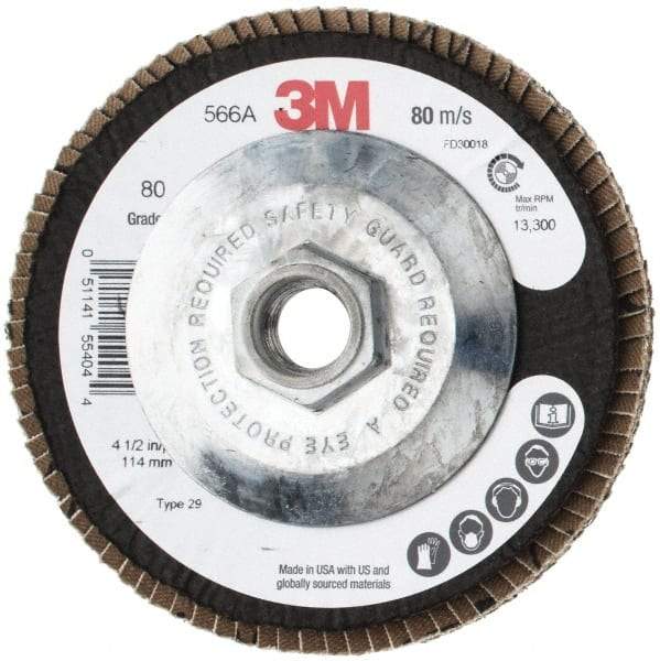 3M - 80 Grit, 4-1/2" Disc Diam, 5/8-11 Center Hole, Type 29 Zirconia Alumina Flap Disc - 13,300 Max RPM, Cloth Backing, Arbor Attaching System, Coated - Eagle Tool & Supply