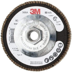 3M - 80 Grit, 4-1/2" Disc Diam, 5/8-11 Center Hole, Type 29 Zirconia Alumina Flap Disc - 13,300 Max RPM, Cloth Backing, Arbor Attaching System, Coated - Eagle Tool & Supply