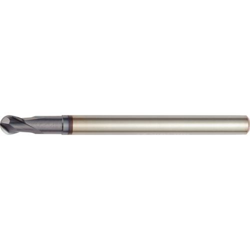 1.5 mm Dia. × 4 mm Shank × 1.5 mm DOC × 63 mm OAL, Carbide TiAlN, 2 Flute, 30°|CW Helix, Round, External , Ballnose End Mill - Exact Industrial Supply