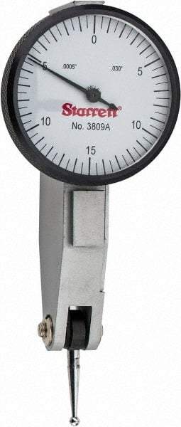 Starrett - 0.03 Inch Range, 0.0005 Inch Dial Graduation, Horizontal Dial Test Indicator - 1-1/4 Inch White Dial, 0-15-0 Dial Reading - Eagle Tool & Supply