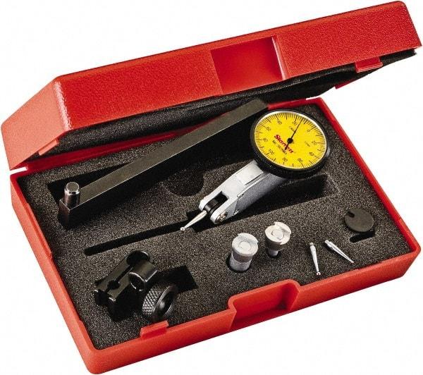 Starrett - 0.2 mm Range, 0.002 mm Dial Graduation, Horizontal Dial Test Indicator - 1-1/4 Inch Yellow Dial, 0-100-0 Dial Reading - Eagle Tool & Supply