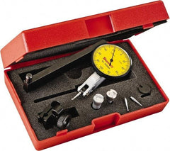 Starrett - 0.2 mm Range, 0.002 mm Dial Graduation, Horizontal Dial Test Indicator - 1-9/16 Inch Yellow Dial, 0-100-0 Dial Reading - Eagle Tool & Supply