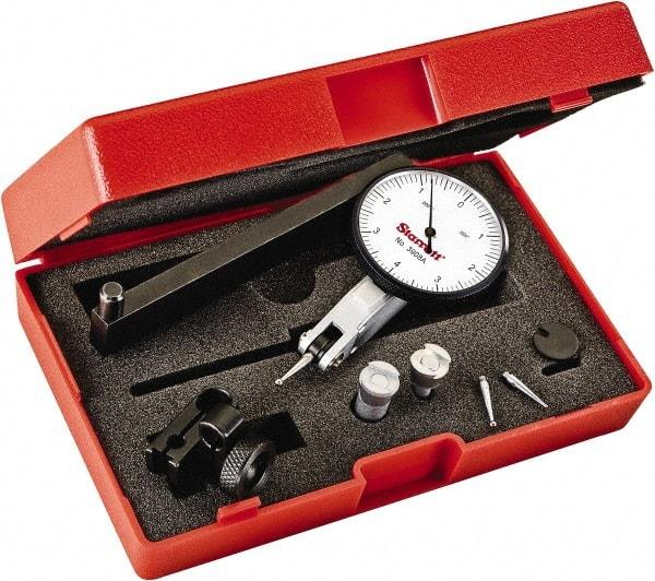 Starrett - 0.008 Inch Range, 0.0001 Inch Dial Graduation, Horizontal Dial Test Indicator - 1-9/16 Inch White Dial, 0-4-0 Dial Reading - Eagle Tool & Supply