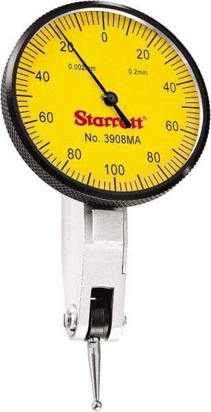 Starrett - 0.2 mm Range, 0.002 mm Dial Graduation, Horizontal Dial Test Indicator - 1-9/16 Inch Yellow Dial, 0-100-0 Dial Reading - Eagle Tool & Supply
